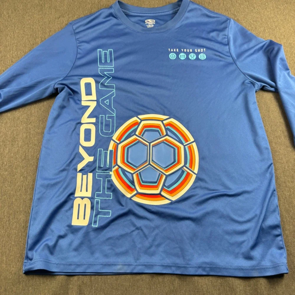 Athletic Works Boys Blue Soccer Graphic Long Slv Performance Tee L 10-12 Husky